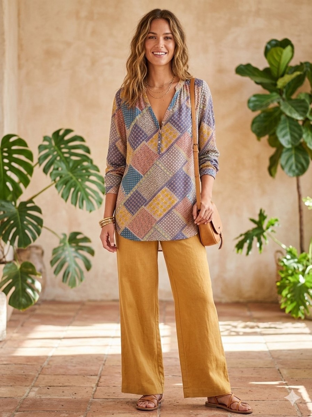 Camateu Patchwork V-Neck Tunic Top in Multicolor